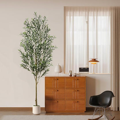 Alupssuc 7FT Artificial Olive Trees, Faux Silk Plant with Lively Artificial Trunk and Lifelike Fruits, Indoor Fake Potted Tree with White Planter for Modern Home Office Living Room Decor