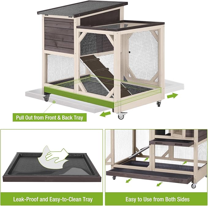 GUTINNEEN 2-Story Rabbit Hutch with Chew-Proof Ramp & Pull-Out Trays - Indoor/Outdoor 39.3" Wooden Rabbit Cage on Wheels for Rabbits, Guinea Pigs (Dark Brown)-Mewly Pet