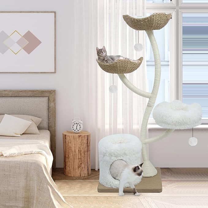 63” Tall Cat Tree Tower for Indoor Cats, Multi-Level Large Cat Climbing Furniture with Scratching Posts, Soft Perch, Cozy Cave, and Hanging Toys, Sturdy Design for Multi-Cat Households-Mewly Pet