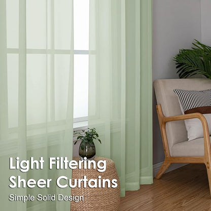 OVZME Light Green Sheer Curtains 63 Inches Long 2 Panels - Soft Light Filtering Window Sheer Panels for Living Room/Bedroom, Top Dual Rod Pocket, 1 Pair, Each 42Wx63L Inches