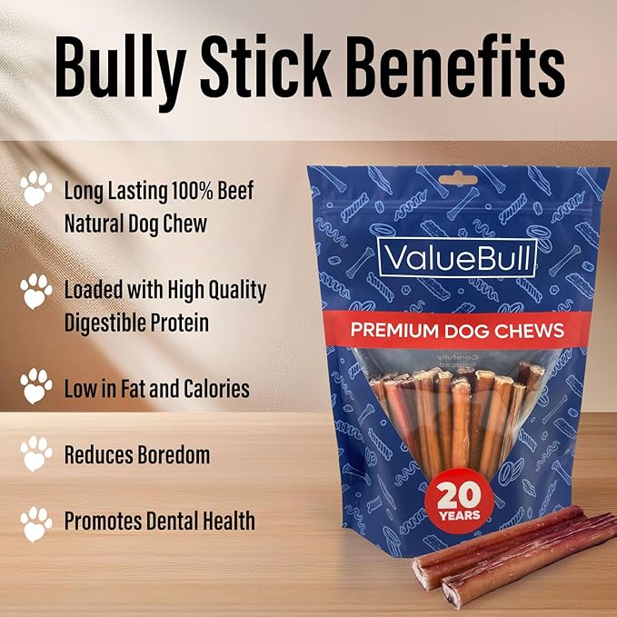 ValueBull Bully Sticks for Large Dogs, Jumbo 6 Inch, 25 Count - All Natural, Grass Fed, Single Ingredient, Long Lasting Dog Treats for Aggressive Chewers-Mewly Pet
