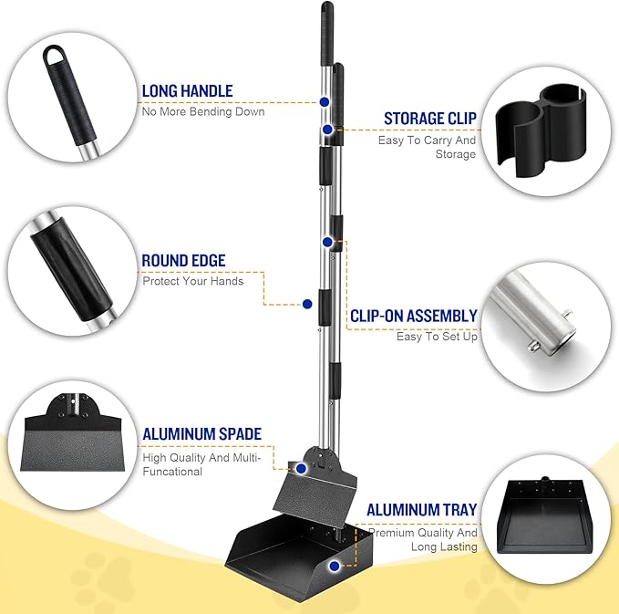Pooper Scooper for Large Dogs, Adjustable Long Handle Metal Tray and Spade Poop Scooper for Dogs with Bin for Pet Waste Removal, No Bending Clean Up Pooper Scooper for Medium and Large Dogs-Mewly Pet