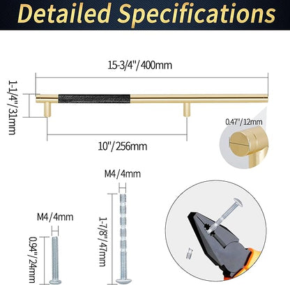 Knurled Cabinet Pulls 12 Pack, 16 Inch Long Cabinet Handles Metal Door Pulls, Kitchen Drawer Pull Knurled Dresser Handles - 10" Hole to Hole, Black & Gold
