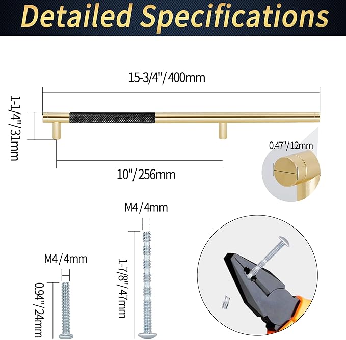 Knurled Cabinet Pulls 6 Pack, 16 Inch Long Cabinet Handles Metal Door Pulls, Kitchen Drawer Pull Knurled Dresser Handles - 10" Hole to Hole, Black & Gold