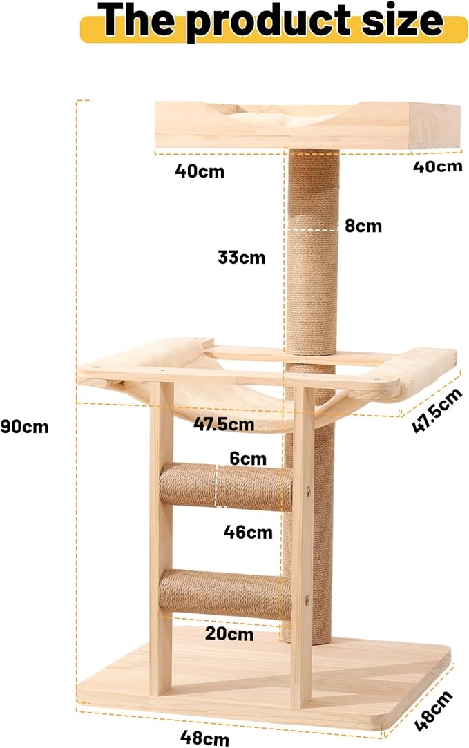 KVIDA Extra-Sturdy Wooden Cat Tree for Large Cats – Modern 3-Level Tower with Hammock, Anti-Tip Sisal Posts & Oversized Perch, Ideal for Indoor Big Cats & Multi-Cat Homes-Mewly Pet