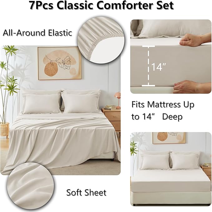 CozyLux King Size Comforter Set Beige - 7 Pieces Bed in a Bag King, Luxury Soft Bed Set for All Seasons, Bedding Set with Down Alternative Comforter, Sheets, Pillowcases & Shams