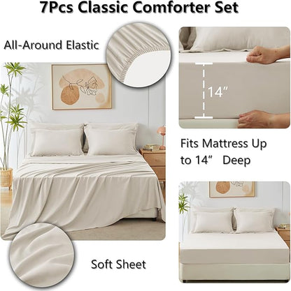 CozyLux Full Size Comforter Sets Beige - 7 Pieces Bed in a Bag Full, Luxury Soft Bed Set for All Seasons, Bedding Set with Down Alternative Comforter, Sheets, Pillowcases & Shams
