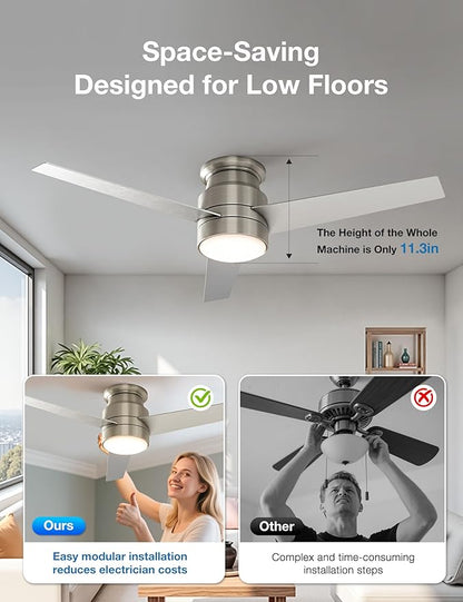 warmiplanet Flush Mount Ceiling Fan with Lights Remote Control, 52-Inch, Brushed Nickel, 3-Blades