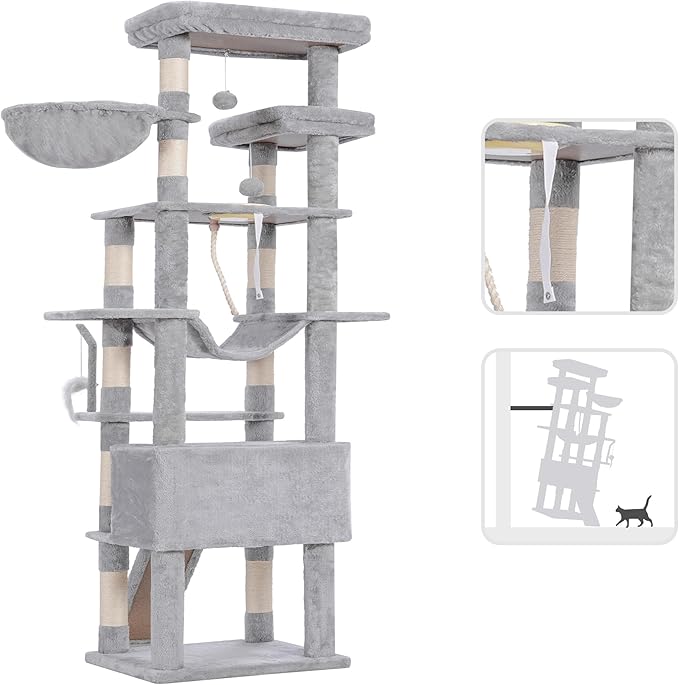 Heybly Tall Cat Tree, 78-inch Multi-Level Cat Tower for Indoor Cats, 2 Widened Plush Perches Cat Condo with Scratching Board and Big Caves, Light Gray HCT033W-Mewly Pet