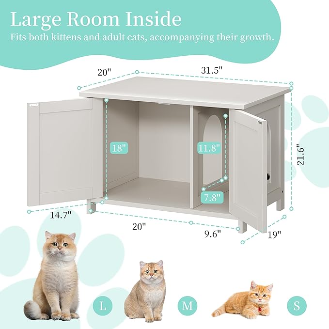Vongrasig Cat Litter Box Enclosure,Litter Box Furniture Hidden with Barn Door,Wooden Cat Washroom Furniture,Cat House,End Table, Fit Most of Litter Box, White-Mewly Pet