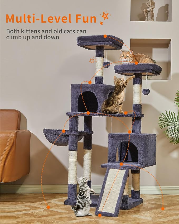 Taoqimiao 56.3-Inch Cat Tree, Cat Tower with Scratching Posts, Cat Tree House for Indoor Cats with hammocks, Toys, Condo and Large Scratch Board, Smoky Gray MS012G-Mewly Pet