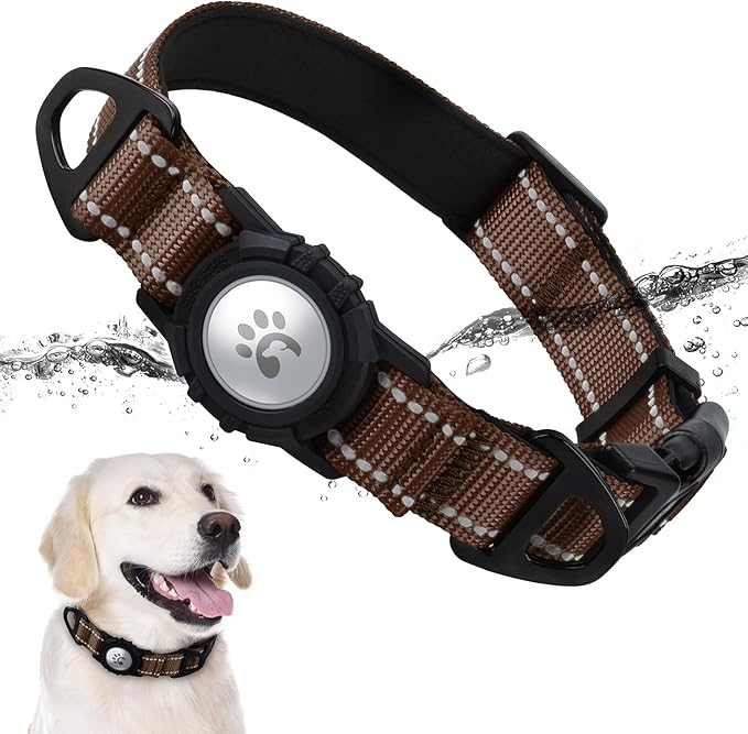 TagME Airtag Dog Collar,Waterproof Reflective Pet Collar with Airtag Holder,Soft Padded and Double D-Rings for Large Dogs,Brown-Mewly Pet