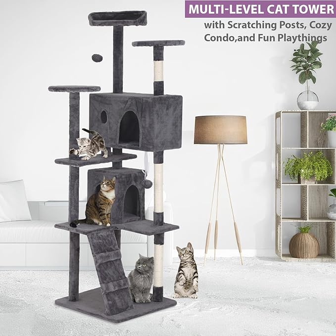 70 inches Cat Tower for Indoor Cats Multi-Level Cat Condos for XL Cat Tree Cat Climbing Tower with Scratching Posts, Hanging Toys,Light Gray-Mewly Pet