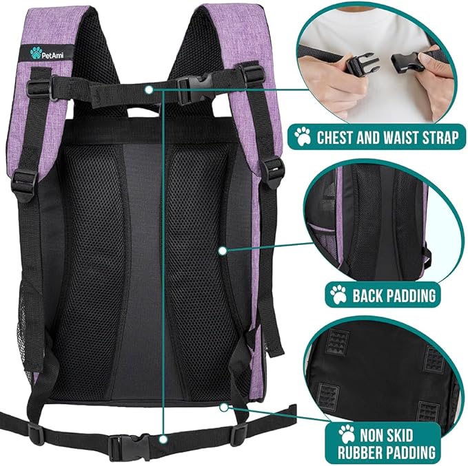 PetAmi Dog Backpack Carrier for Small Large Cat, Pet, Puppy, Ventilated Pet Hiking Backpack Travel Bag, Airline Approved Cat Backpack Carrier, Camping Biking Dog Bag Up to 18lbs Pet, Purple-Mewly Pet
