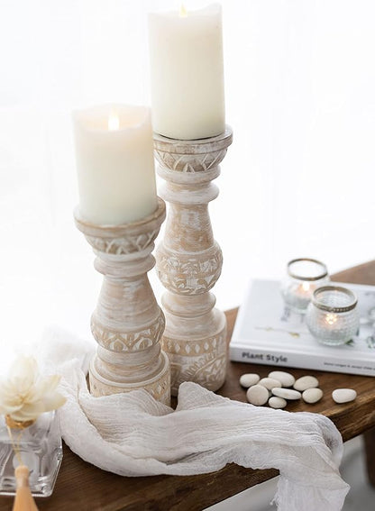 Kurrajong Farmhouse Candle Holders - Boho Set of 2 Tall Candle Stands | Decorative Wood 10" and 12" high | White Washed Candle Holders for Pillar Candles