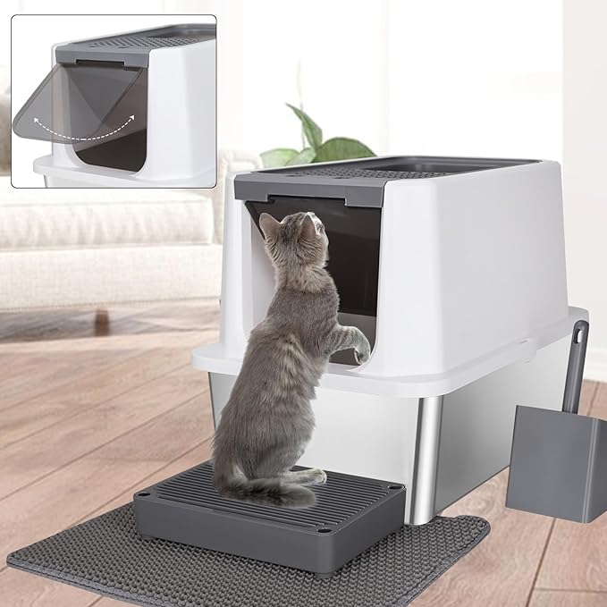 RIZZARI Stainless Steel Cat Litter Box, Odorless Enclosed Litter Box with Top Holes, Large Litter Pan for Small to Large Sized Cats (Dark Gray, 24" L*16" W*18" H)-Mewly Pet