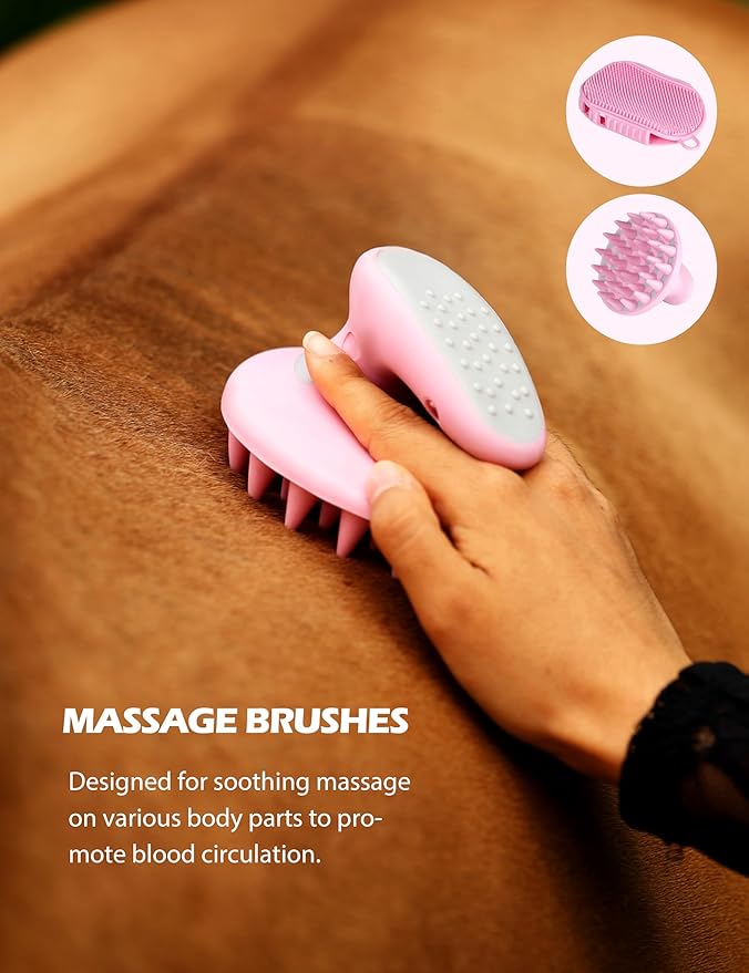 Harrison Howard Horse Grooming Kit 11-Piece Equine Care Series Horse Brush Sets with Organizer Tote Bag Tack Room Supplies Shedding Grooming Massaging Tools Pink Brushstroke Ponies-Mewly Pet