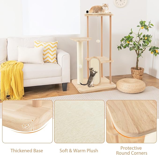 Tangkula Wood Cat Tree for Indoor Cats, Multi-Level Modern Cat Tower with Sisal Scratching Board & Post, Padded Perch, Platform, Hanging Toy, Minimalist Kitten Activity Center for Small & Medium Cats-Mewly Pet