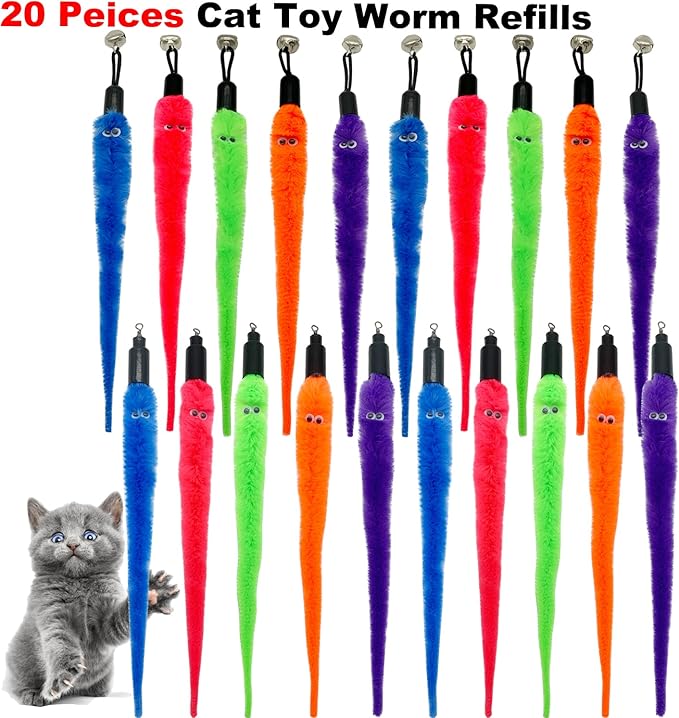 Cat Worm Toy Refills, 20 Pieces Cat Wand Attachments Worms Toy for Indoor Cats (B)-Mewly Pet
