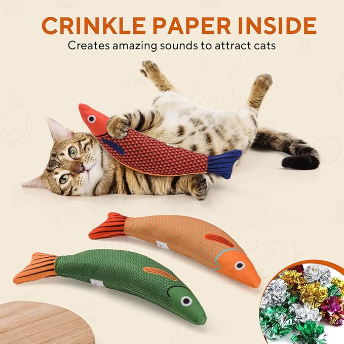 AUSCAT Cat Catnip Toys, 3PCS Catnip Fish Toy for Cats, Cat Kicker Toys with Crinkle Sound, Interactive Plush Soft Cat Toys for Indoor Cats and Kittens-Mewly Pet