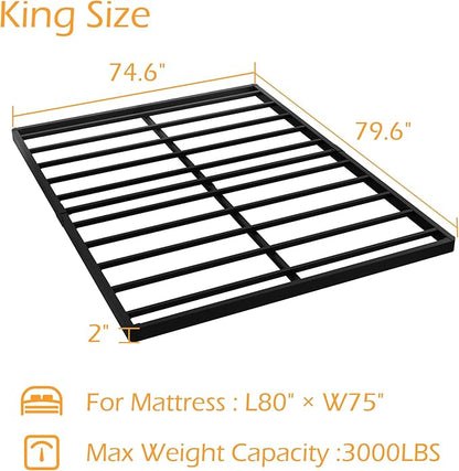 King Size Box Spring 2 Inch Low Profile, Heavy Duty Metal Box Spring Bed Base Bunkie Board, Mattress Foundation, Easy Assembly, Noise Free, Black