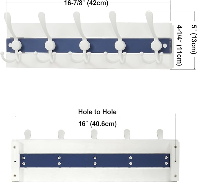 SKOLOO Coastal Wall Mounted Coat Rack - 17" Beach House Entryway Wooden Coat Hook with 5 Hooks for Hanging Coats, Hats or Towels, Oceanfront Cottage Core Collection, White & Blue