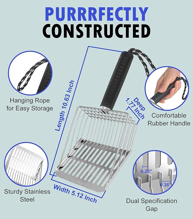 Cat Litter Scoop, Solid and Durable Kitty Metal Scooper, Stainless Steel Sifter, Heavy Duty, for Litter Box, Black Rubber Handle, Included Stainless Steel Hook-Mewly Pet