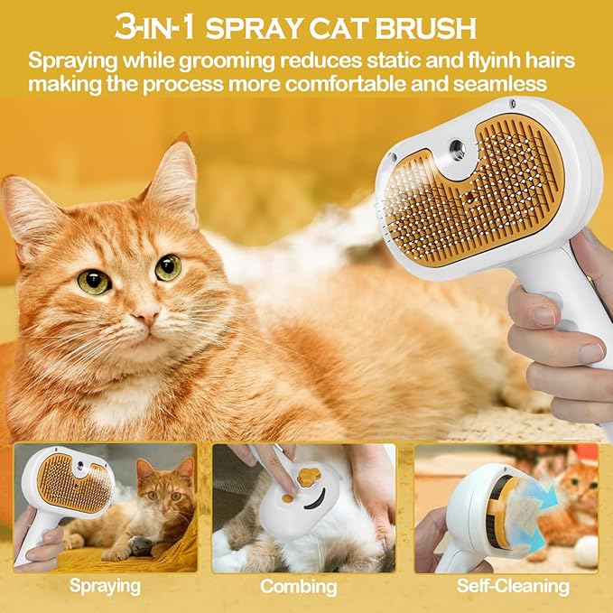 3-1 Cat Steam Brush for Shedding, Steamy Grooming Brush for Long & Short Hair Cats & Dogs, Self-Cleaning Pet Hair Removal Comb with Water Tank Dog-Mewly Pet