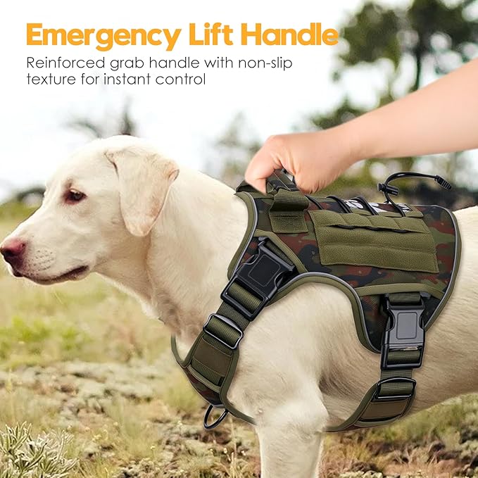 Heavy-Duty Tactical Dog Harness for Large Dogs, No Pull Adjustable Reflective Pet Vest with Molle System, K9 Military-Grade Control for Service Training, Outdoor & 10+ Breeds, Green Camo, X-Large-Mewly Pet