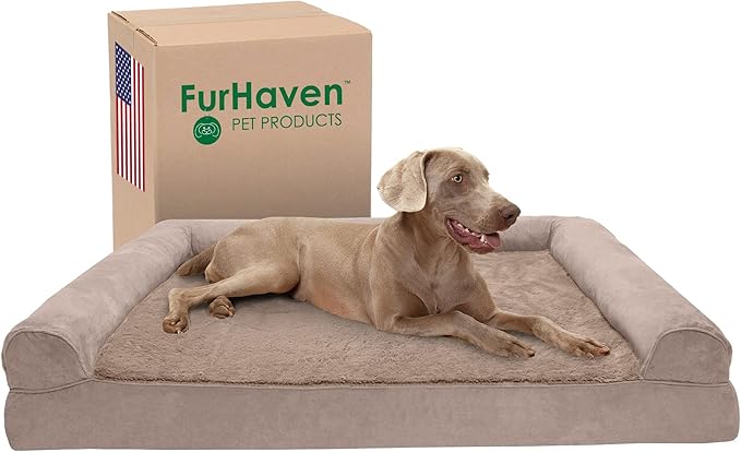 Furhaven Cooling Gel Dog Bed for Large Dogs w/ Removable Bolsters & Washable Cover, For Dogs Up to 125 lbs - Plush & Suede Sofa - Almondine, Jumbo Plus/XXL-Mewly Pet