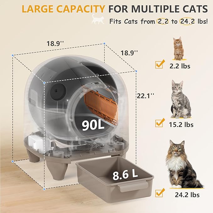 WARCAT Self Cleaning Litter Box Automatic, 90 L Automatic Cat Litter Box for Multiple Cats APP-Controlled with Smart Sensors, Safety Protection,Mat,1 Roll Garbage Bag (Brown)-Mewly Pet
