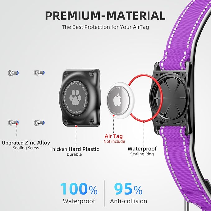 Airtag Dog Collar - 100% Waterproof Air tag Dog Collar Holder for Apple AirTag, Reflective, Soft Padded, Everlasting, GPS Dog Collar for Small Medium Large Dogs (Purple, M)-Mewly Pet