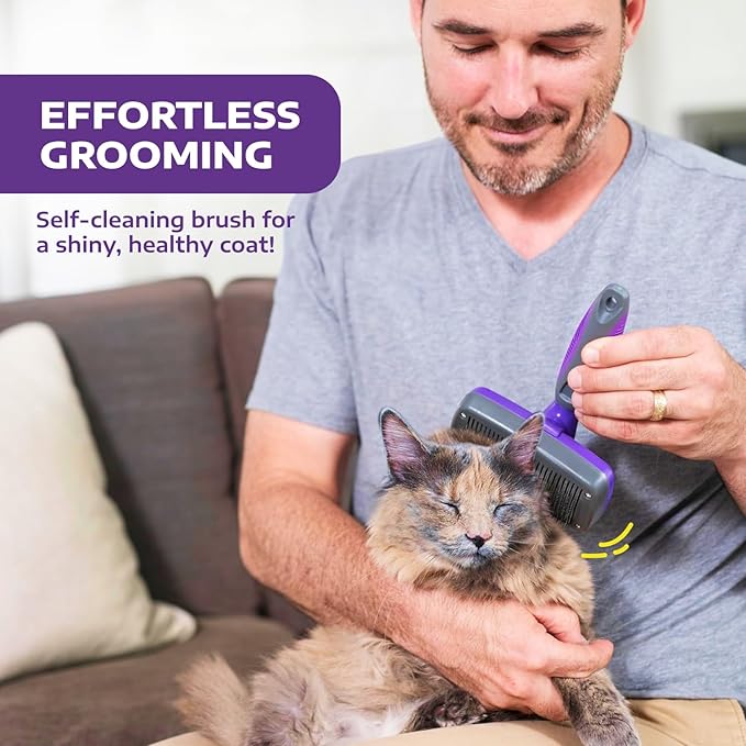 Hertzko Self-Cleaning Slicker Brush - Cat and Dog Brush for Shedding, Tangles and Dirt - Gentle Grooming Tool for Sensitive Skin - Pet Hair Remover for Long and Short Coats - Purple-Mewly Pet
