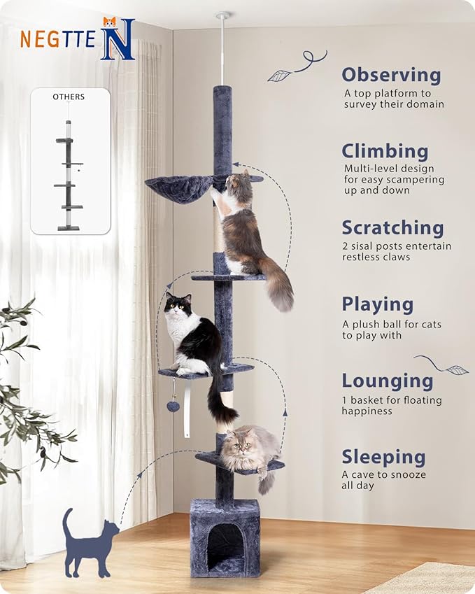 Floor to Ceiling Cat Tree, 5-Tier Height (95-109 inches) - Adjustable Cat Climbing Tower with Sisal Scratching Posts, Cat Condo, Hammock, Platforms, and Hanging Balls-Mewly Pet