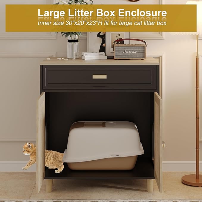 Cat Litter Box Enclosure Furniture Hidden - Indoor 2-in-1 Wooden Cat House & Washroom Cabinet with Scratching Board Doors and Drawer, 31.5”x21.6”x34.6”, Black-Mewly Pet