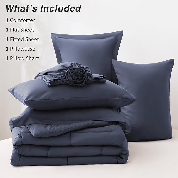 Love's cabin Twin XL Comforter Set Indigo Blue, 5 Pieces Twin XL Bed in a Bag, All Season Bedding Sets with 1 Comforter, 1 Flat Sheet, 1 Fitted Sheet, 1 Pillowcase and 1 Pillow Sham