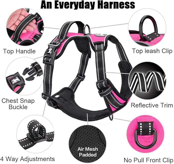 PoyPet No Pull Dog Harness, Reflective Comfortable Vest Harness with Front & Back 2 Leash Attachments and Easy Control Handle Adjustable Soft Padded Pet Vest for Small to Large Dogs (Pink,M)-Mewly Pet