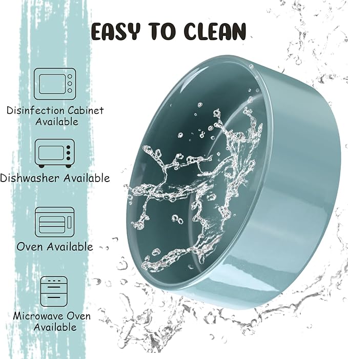 SPUNKYJUNKY 15° Slanted Ceramic Dog and Cat Bowl with Wooden Stand, Tilted Bulldog Food and Water Bowl No Slip Non-Spill for Cats Medium Dogs Big Face Pets 13.5 OZ (1.7 Cups, Light Green × 2)-Mewly Pet