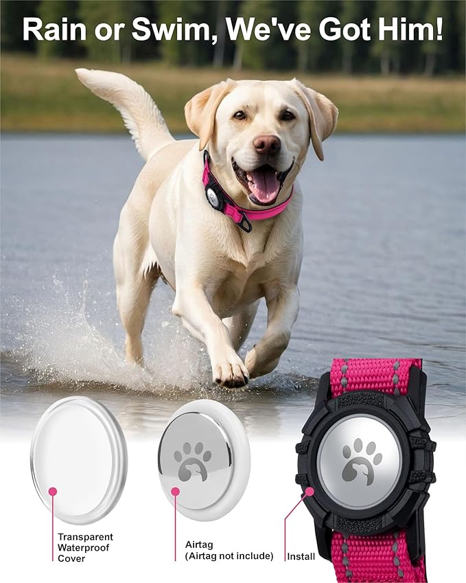 TagME Airtag Dog Collar,Waterproof Reflective Pet Collar with Airtag Holder,Soft Padded and Double D-Rings for Extra Large Dogs,Hot Pink-Mewly Pet