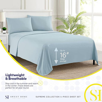 RV Queen Bed Sheets - Breathable Luxury Sheets with Full Elastic & Secure Corner Straps Built In - 1800 Supreme Collection Extra Soft Deep Pocket Bedding Set, Sheet Set, RV Short Queen, Light Blue