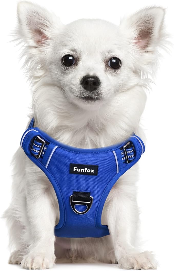 Funfox Dog Harness No Pull, Adjustable Pet Vest Harness, Super Soft Material with Vertical Handle Easy Control, Reflective Night Walking, 2 Leash Clips for Small Sized Dogs, Blue, S-Mewly Pet