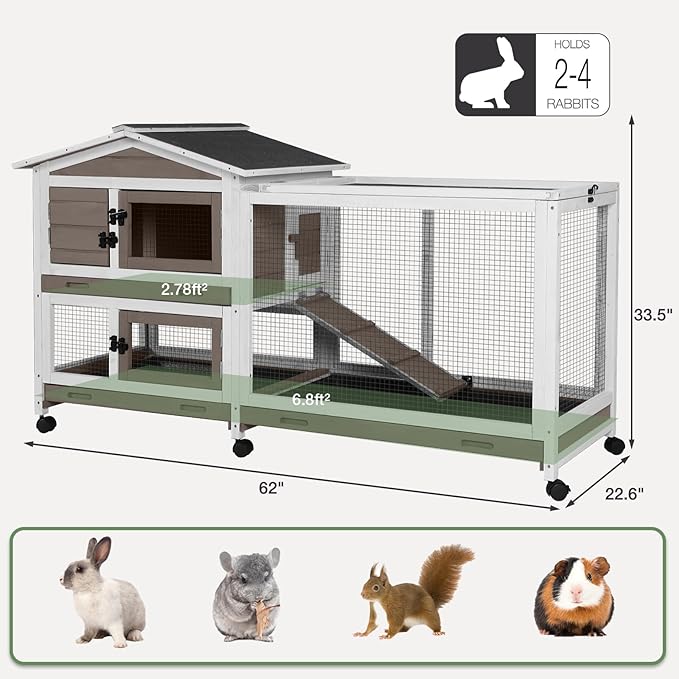 2-Story Indoor Rabbit Hutch with Chew-Proof Outdoor Rabbit Cage with 6 Locking Casters Bunny Cage 2 Pull-Out Trays Guinea Pigs Cage 62" Brown-Mewly Pet