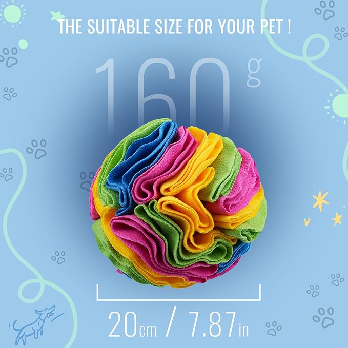Pet Snuffle Ball, Puzzle Sniffing Interactive Dog Ball for Blind Dogs Training Stress Relief Dog Enrichment Toys Treat Machine Washable (20cm, New Rainbow Color)-Mewly Pet
