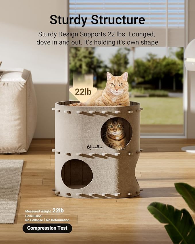 DownyPaws Cat House for Indoor Cats, 2-Storey Foldable Cat Bed Cave, Felt Cats Tunnel Bed Condo, Castle Kitten Cube Hideaway for Multicats, Scratch Resistant, Cream-Mewly Pet
