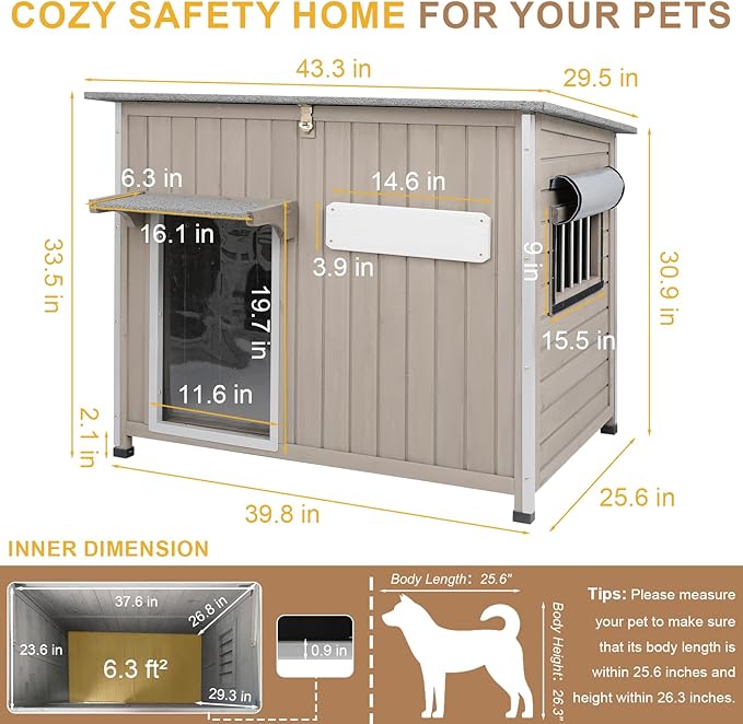 Weatherproof Outdoor Dog House, Wooden Puppy Shelter with Anti-Chewing Iron Frame and Elevated Floor, Sturdy Dog Kennel for Small, Medium & Large Dogs, Grey (Gray, 40" L x 26" W x 31" H)-Mewly Pet