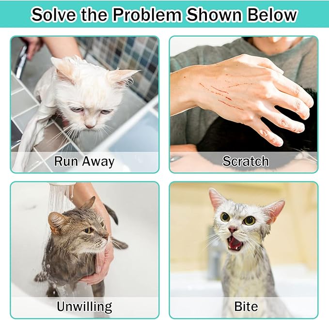 JULMELON Cat Washing Bag 10 PCS Set, Adjustable Cat Shower Net Bag and Pet Grooming Brush with Nail Clipper Nail File Hair Combs Tick Tool Nail Caps for Bathing Nail Trimming Examination(Pink+Green)-Mewly Pet