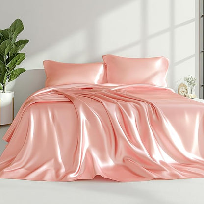 Love's cabin Twin XL 3Pc Satin Sheet Set, Coral Silky Satin Bed Sheets with Deep Pockets, Luxury Silk Feel, Envelope Closure
