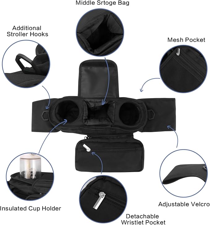 Dog Stroller Bag with Shoulder Strap, Universal Dog Stroller Caddy Organizer with Poop Bag Dispenser, Water Bowl, Insulated Cup Holders and Treat Pocket-Mewly Pet