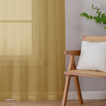 Chyhomenyc Sheer Gold Curtains 90 inches Long 2 Panels, Light Filtering Soft Airy Solid Elegant Voile Window Treatment Drapes for Bedroom Living Room Wedding Party Decor, 42 Wx90 L Inches