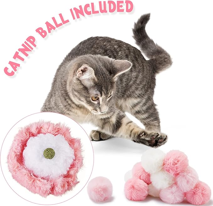 Weewooday 12 Pieces Cat Pom Pom Balls Toys Large Fuzzy Cat Ball Artificial Large Plush Ball for Cats Pets Interactive Playing Indoor(Pink, White,Solid Color)-Mewly Pet